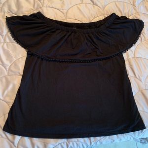 Off the shoulder black knit top Pom Pom trim Large